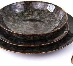 BonBistro GLAMOMAX'S Choice - Serviesset Black Hazy - Inclusief Koperkleurig Bestekset - 4 Persoons - Porselein - Zwarte Borden - Dinerborden - Bordenset