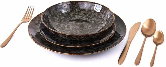 BonBistro GLAMOMAX'S Choice - Serviesset Black Hazy - Inclusief Koperkleurig Bestekset - 4 Persoons - Porselein - Zwarte Borden - Dinerborden - Bordenset 3 BonBistro GLAMOMAX'S Choice - Serviesset Black Hazy - Inclusief Koperkleurig Bestekset - 4 Persoons - Porselein - Zwarte Borden - Dinerborden - Bordenset
