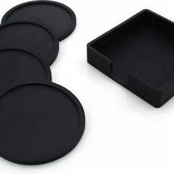 Mr. Valued Onderzetters Rond - 4 Stuks + Gratis Houder - Siliconen - Zwart Design - Voor Glazen - Anti-slip