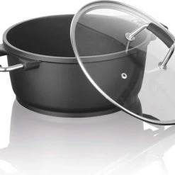 Bratoni Gietaluminium Steelpan In 'gegoten' Kwaliteit Met Glazen Deksel 20 Cm | 2-voudige Greblon Antiaanbaklaag Voor Bijna Vetvrij Koken | Alle Soorten Fornuizen Behalve Inductie