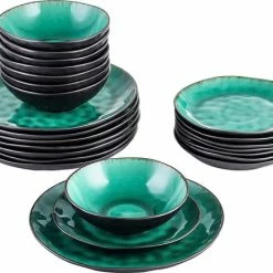 Merkloos Combiservies, 24-delig Coco Tafelservies Van Aardewerk, Raku Glazuur Effect Serviesset, Bevat Mueslikommen, Dessertborden En Dinerborden Voor 8 Personen In Vintage Look, Groen