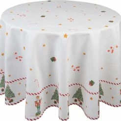 Clayre & Eef Tafelkleed Kerst Ø 170 Cm Wit Groen Katoen Rond Notenkrakers Tafellaken Tafellinnen Tafeltextiel
