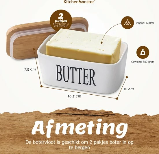 KitchenMonster® Botervloot Met Botermes - 600 Ml Botervlootje Vershouddoos Van Porselein En Bamboe - Botervloot Met Deksel Wit 4 KitchenMonster® Botervloot Met Botermes - 600 Ml Botervlootje Vershouddoos Van Porselein En Bamboe - Botervloot Met Deksel Wit - Afbeelding 2