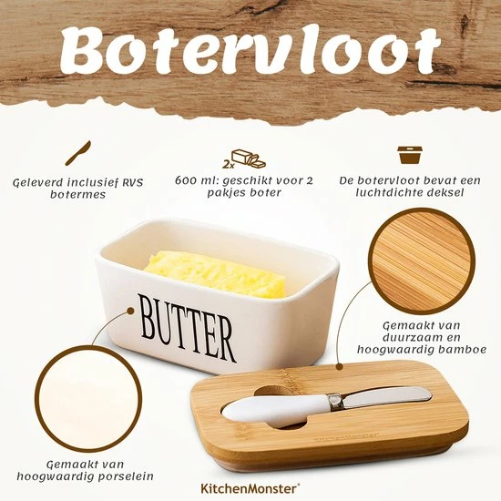 KitchenMonster® Botervloot Met Botermes - 600 Ml Botervlootje Vershouddoos Van Porselein En Bamboe - Botervloot Met Deksel Wit 5 KitchenMonster® Botervloot Met Botermes - 600 Ml Botervlootje Vershouddoos Van Porselein En Bamboe - Botervloot Met Deksel Wit - Afbeelding 3