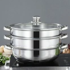 Merkloos Roestvrijstalen Steamer - 3 Tier Layer Soup Pot Set - Keuken Kookgerei - Voedsel Veg Stoompan Met Glazen Deksel - Gasfornuis Oven Steamer