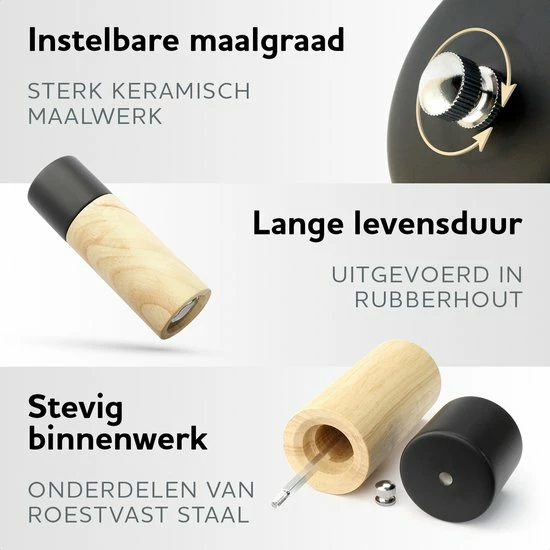 Homeon Peper En Zoutmolen Set - Pepermolen En Zoutmolen - 2 Stuks - Rubberhout - Kleur: Hout/zwart 6 Homeon Peper En Zoutmolen Set - Pepermolen En Zoutmolen - 2 Stuks - Rubberhout - Kleur: Hout/zwart - Afbeelding 4