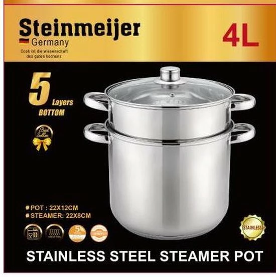 Steinmeijergermany Steinmeijer Stoompannenset RVS 6L- Ø 26 Cm - 3-delig - Voorzien Van 6-Laags Bodem 3 Steinmeijergermany Steinmeijer Stoompannenset RVS 6L- Ø 26 Cm - 3-delig - Voorzien Van 6-Laags Bodem