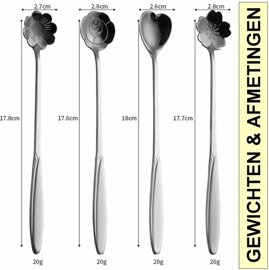 Fako Bijoux® - 8 Lange Lepels Bloem Motief - Latte Macchiato - Longdrink - Cocktail - Dessert - IJs - Koffie - Zilver - 8 Stuks - Bewaarzakje 4 Fako Bijoux® - 8 Lange Lepels Bloem Motief - Latte Macchiato - Longdrink - Cocktail - Dessert - IJs - Koffie - Zilver - 8 Stuks - Bewaarzakje - Afbeelding 2