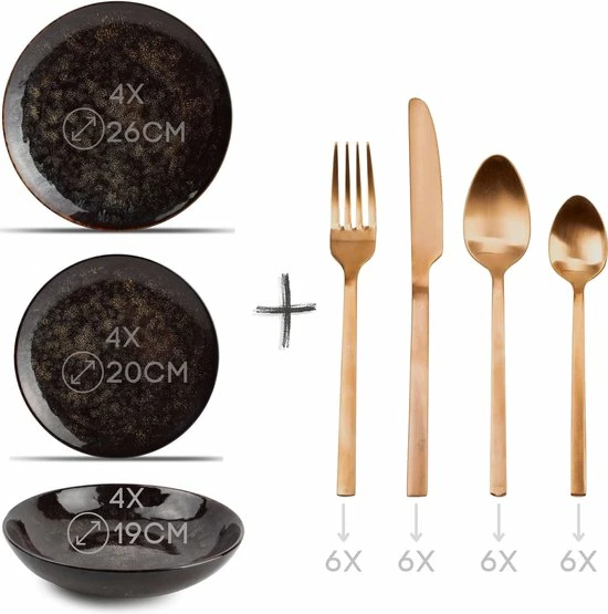 BonBistro GLAMOMAX'S Choice - Serviesset Black Hazy - Inclusief Koperkleurig Bestekset - 4 Persoons - Porselein - Zwarte Borden - Dinerborden - Bordenset 4 BonBistro GLAMOMAX'S Choice - Serviesset Black Hazy - Inclusief Koperkleurig Bestekset - 4 Persoons - Porselein - Zwarte Borden - Dinerborden - Bordenset - Afbeelding 2