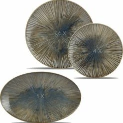 F2D GLAMOMAX LIMITED EDITION - Forest Green Stripes Serviesset - 4 Persoons - 9 Delig Servies - Groen/Blauw -Kerstservies - BBQ - Koken - Gourmetset - Gourmetschaal - Porselein - 4 Dinerborden - 4 Dessertborden - 1 Serveerschaal - 25CM/20CM/40CM