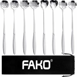 Fako Bijoux® - 8 Lange Lepels Bloem Motief - Latte Macchiato - Longdrink - Cocktail - Dessert - IJs - Koffie - Zilver - 8 Stuks - Bewaarzakje