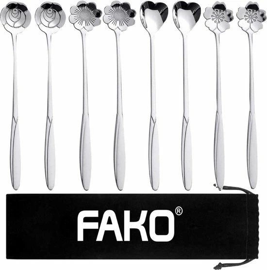 Fako Bijoux® - 8 Lange Lepels Bloem Motief - Latte Macchiato - Longdrink - Cocktail - Dessert - IJs - Koffie - Zilver - 8 Stuks - Bewaarzakje 3 Fako Bijoux® - 8 Lange Lepels Bloem Motief - Latte Macchiato - Longdrink - Cocktail - Dessert - IJs - Koffie - Zilver - 8 Stuks - Bewaarzakje