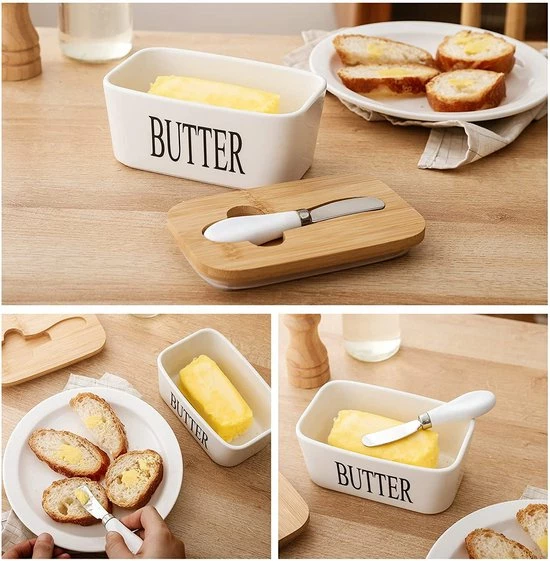 KitchenMonster® Botervloot Met Botermes - 600 Ml Botervlootje Vershouddoos Van Porselein En Bamboe - Botervloot Met Deksel Wit 6 KitchenMonster® Botervloot Met Botermes - 600 Ml Botervlootje Vershouddoos Van Porselein En Bamboe - Botervloot Met Deksel Wit - Afbeelding 4