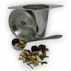 Thee Filter & Maatlepel - SensibleTaste - Makkelijk Afwasbaar - RVS - Theefilter Voor Losse Thee - Thee Accessoires - Met Onderzetter - Dubbele Handgreep - Maatlepel - Theezeven - Cadeau - Black Friday