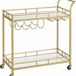 FURNIBELLA - Serveerwagen, Trolley Met Wielen, Glashouder, 2 Glazen Leggers, Bar Trolley, Wijn Trolley, Voor Keuken, Eetkamer, Bar, Goudkleurig LRC090A03