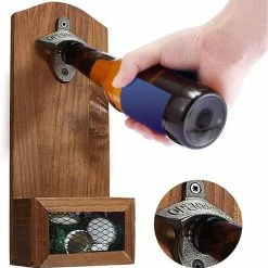 Merkloos Flesopener Met Opvangbak - Bieropener - Bruin Hout - Flessenopeners - Drank Openers - Drinken Binnen En Buiten - Allesopeners - Roestvrij Staal