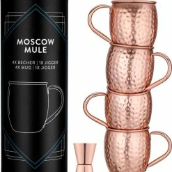 Navaris Moscow Mule Bekers - Set Van 4 - Cocktailbekers - Mok Voor Moscow Mule En Cocktails - Roestvrij Staal - 4 Koperen Mokken - Inclusief Jigger