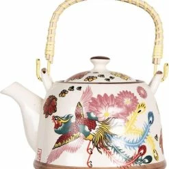 Clayre & Eef Theepot Met Filter 800 Ml Beige Roze Porselein Rond Theekan Cadeau Voor Haar Chinese Theepot