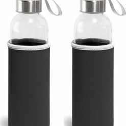Merkloos Drinkfles Met Soft Shell Hoes - 520ml - Glas - 2 Stuks