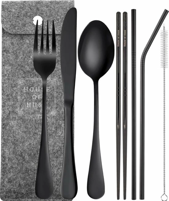 House Of Husk Reisbestek - Reis Bestekset - Chopsticks - Metalen Rietjes Met Borstel - Lepel - Vaatwasserbestendig - RVS - 7 Delig - Zwart 3 House Of Husk Reisbestek - Reis Bestekset - Chopsticks - Metalen Rietjes Met Borstel - Lepel - Vaatwasserbestendig - RVS - 7 Delig - Zwart