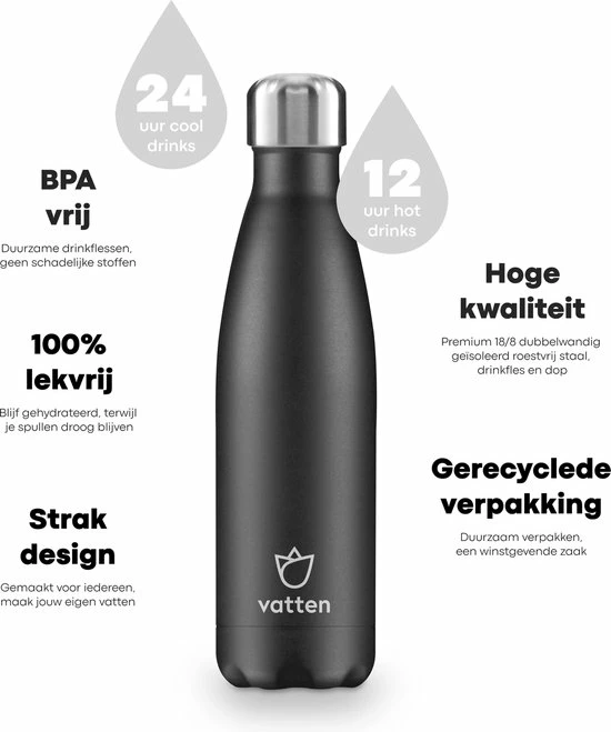 Vatten® Premium RVS Thermosfles - 500 Ml - Mat Zwart - Waterfles Met Rietje - Isoleerfles 4 Vatten® Premium RVS Thermosfles - 500 Ml - Mat Zwart - Waterfles Met Rietje - Isoleerfles - Afbeelding 2