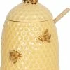 Clayre & Eef Honingpot Met Lepel Ø 11x14 Cm Geel Keramiek Rond Bijen Voorraadpot Deksel Bewaarpot Opbergpot