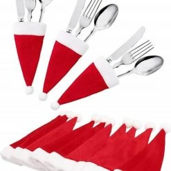 Merkloos Kerstmutsjes Voor Bestek (6 Stuks) - Versiering / Decoratie Kersttafel - Feestelijk Kerstdiner
