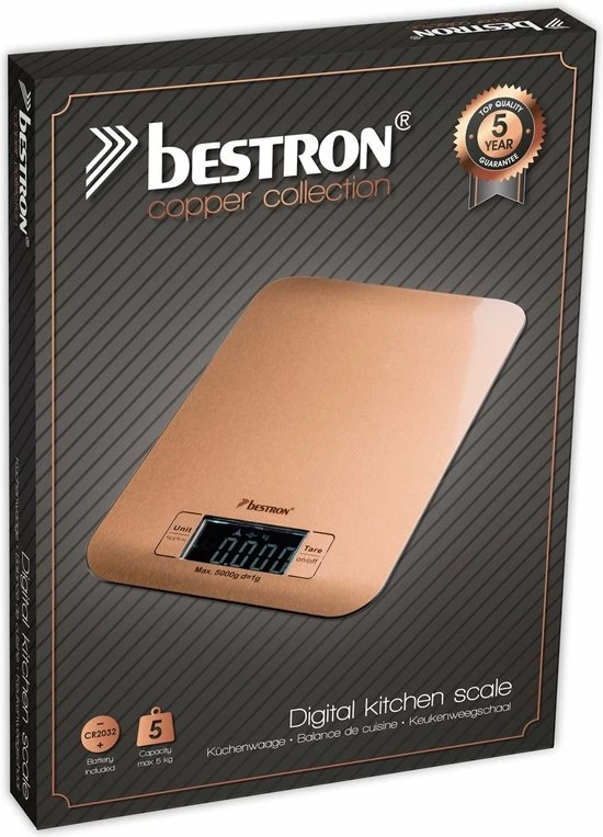 Bestron Digitaale Keukenweegschaal Met LCD-display, Voor Tot 5 Kg, Inclusief Batterijen, Kleur: Koper 5 Bestron Digitaale Keukenweegschaal Met LCD-display, Voor Tot 5 Kg, Inclusief Batterijen, Kleur: Koper - Afbeelding 3